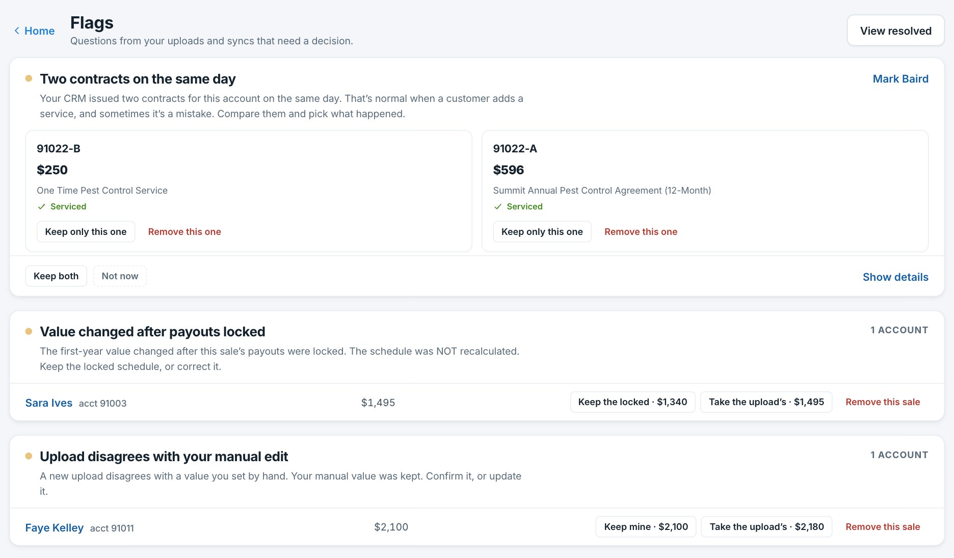 Flags in Swarm: two contracts on the same day with the two contracts side by side; a value changed after the payouts were locked, with keep the locked value or take the upload's; an upload that disagrees with a manual edit, with keep mine or take the upload's.