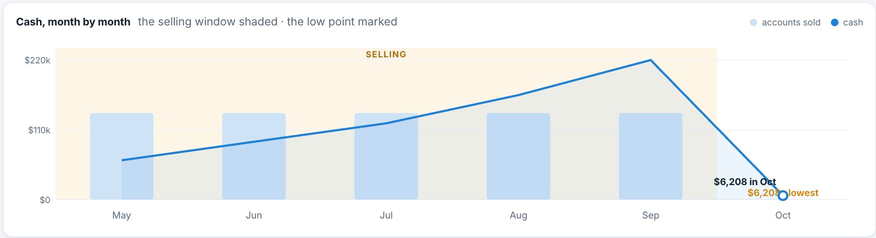A forecast's cash, month by month: the selling window shaded and the low point marked.