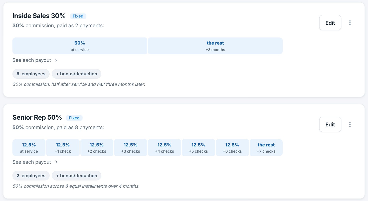 Two pay plans in Swarm, each drawn as its payments: Inside Sales 30%, half at service and half three months later; Senior Rep 50%, eight equal installments over four months.