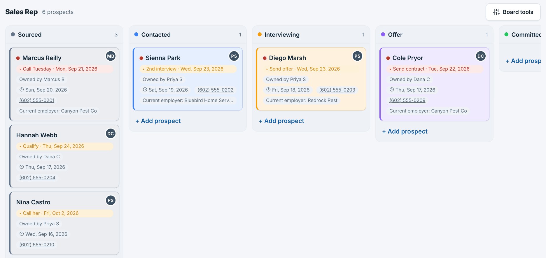 The recruiting board in Swarm: Sourced, Contacted, Interviewing, Offer and Committed columns, each prospect a card with their next step, its date, who owns them, and their phone.